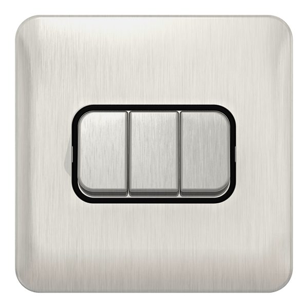 GGBL1032BSS Lisse - Plate Switch - 3 gang 2 way - 10AX Stainless Steel with Black Interior