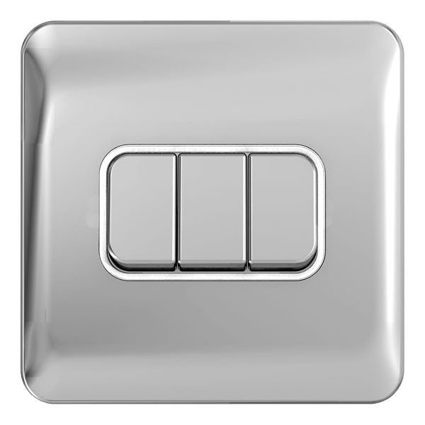 GGBL1032WPC Lisse - Plate Switch - 3 gang 2 way - 10AX Polished Chrome with White Interior
