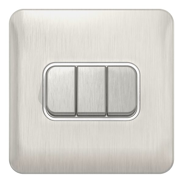 GGBL1032WSS Lisse - Plate Switch - 3 gang 2 way - 10AX Stainless Steel with White Interior