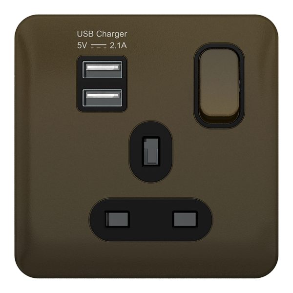 GGBL30102USBABMBS Lisse - Switched Socket - 1 gang - 13A SP 2USB Mocha Bronze with Black Interior