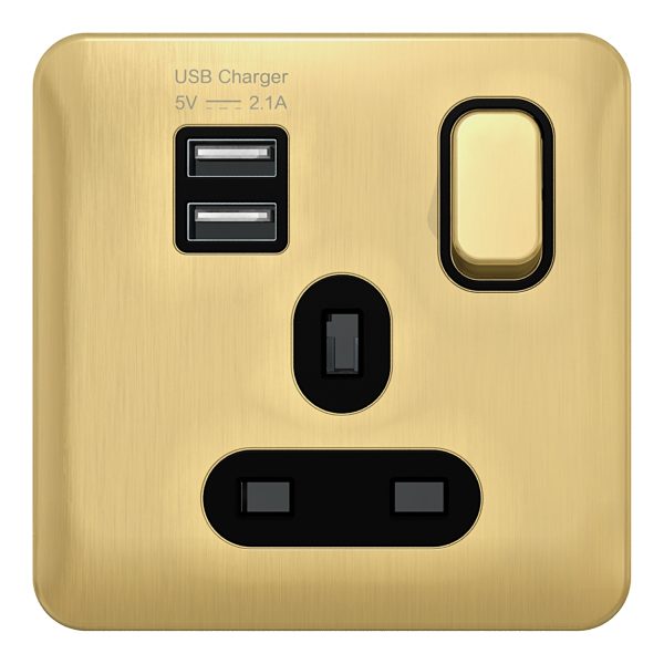 GGBL30102USBABSBS Lisse - Switched Socket - 1 gang - 13A SP 2USB Satin Brass with Black Interior