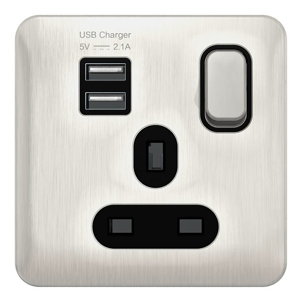 GGBL30102USBABSSS Lisse - Switched Socket - 1 gang - 13A SP 2USB Stainless Steel with Black Inter