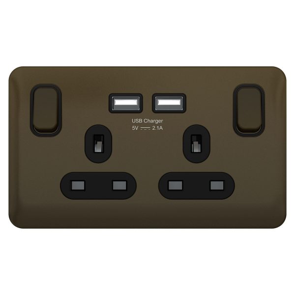 GGBL30202USBABMBS Lisse - Switched Socket - 2 gang - 13A SP 2USB Mocha Bronze with Black Interior