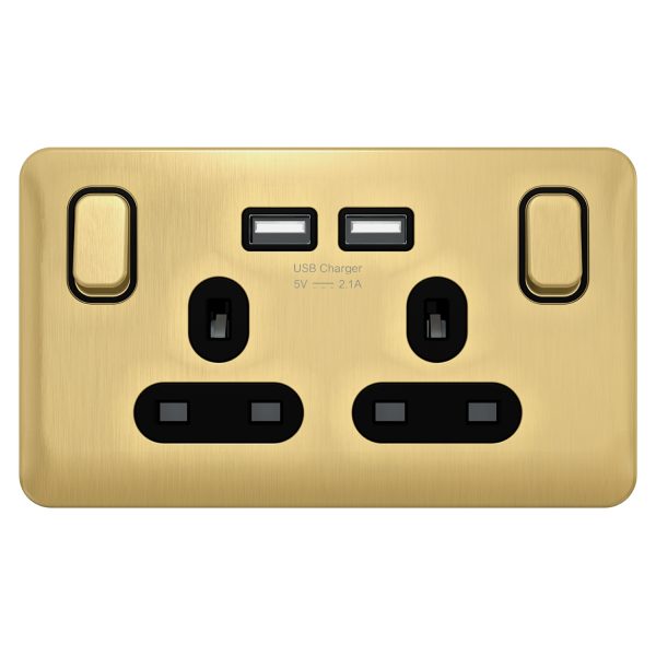 GGBL30202USBABSBS Lisse - Switched Socket - 2 gang - 13A SP 2USB Satin Brass with Black Interior