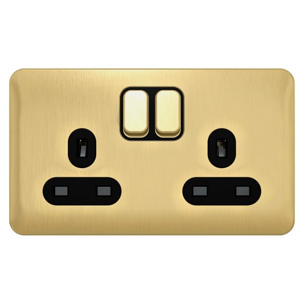 GGBL3020BSB Lisse - Switched Socket - 2 gang - 13A Satin Brass with Black Interior