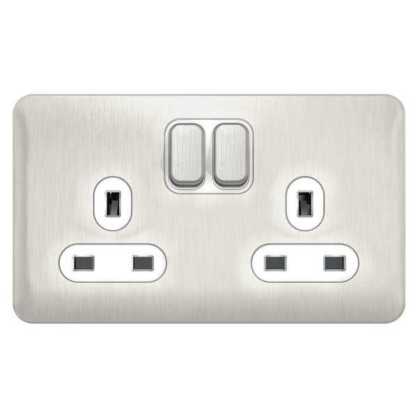 GGBL3020WSS Lisse - Switched Socket - 2 gang - 13A Stainless Steel with White Interior