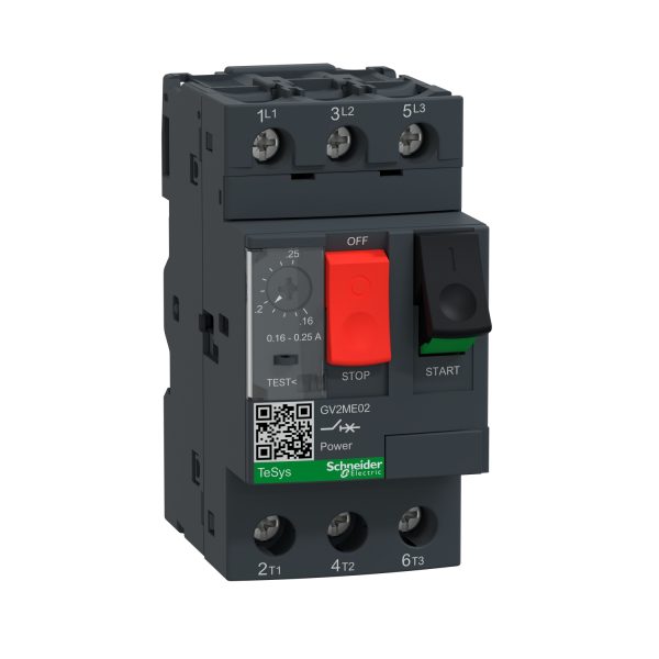 GV2ME02 Motor circuit breaker, TeSys GV2, 3P, 0.16-0.25 A, thermal magnetic, screw clamp terminals